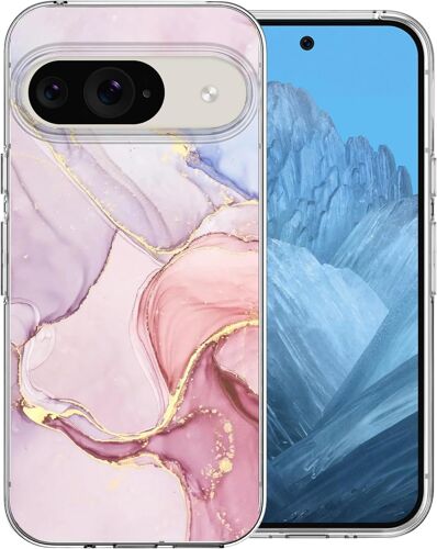 LORANKA-Coque Compatible avec Google Pixel 9 6,3 Pouce, Housse en Silicone Souple TPU Ultra Fine avec Dessin de Marbré Elégante pour Femmes, Étui de Protection Antichoc Anti-rayures Antidérapant, Ros