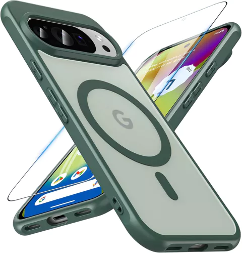 Magnétique Coque Pour Google Pixel 10/Pixe 10 Pro Avec Verre Trempé,Compatible Avec Magsafe,Étui Translucide Mat Antichoc Anti Rayures Mince Coque Pour Pixel 10/10 Pro(Vert)