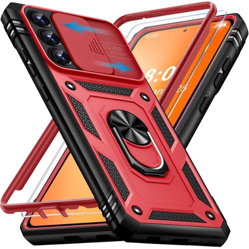 Coque Samsung Galaxy A54 5g - Étui Armure Antichoc Militaire Avec Verre Trempé, Anneau Support Rotatif 360° Aimanté, Protection Renforcée (Rouge)