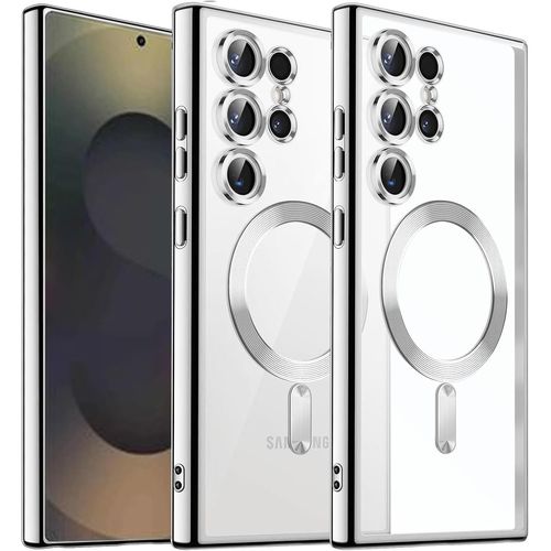 KWEX-Coque Téléphone pour Samsung Galaxy S25 Ultra 5G,Magnétique Étui avec Caméra Protection Compatible avec MagSafe,Housse Transparente éclat Métallique Antichoc pour Samsung S 25 Ultra,Argent