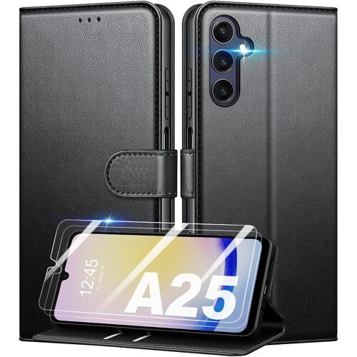 JGD-Coque pour Samsung Galaxy A25 5G + 2 Pièces Verre Trempé, [RFID Blocage] Étui de Protection Housse Premium en Cuir PU, [Fentes pour Cartes] Pochette de Portefeuille Etui à Rabat - Noir