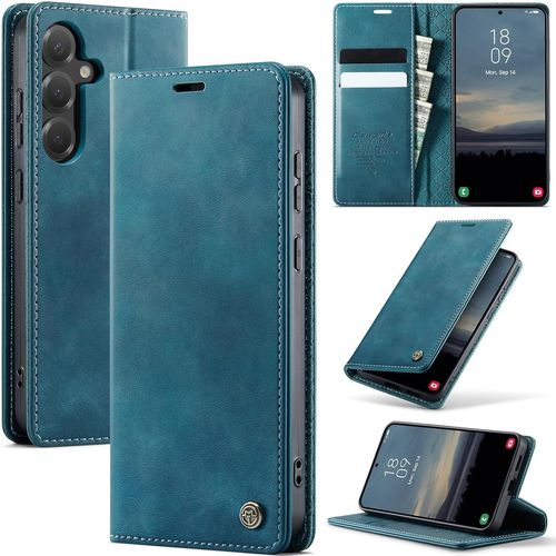 Étui portefeuille fin pour Samsung Galaxy S25+ - cuir synthétique grainé, 2 emplacements cartes + poche billets, protection anti¿RFID, béquille intégrée, fermeture magnétique - Bleu