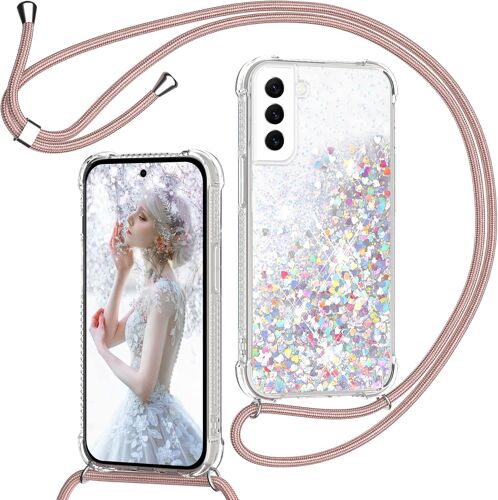 Coque pour Samsung Galaxy S22 5G avec Cordon, Paillette Liquide Étui pour Téléphone avec Lanière, Transparent Silicone Collier Réglable Protection Housse Portable Lanyard Case, Or Rose