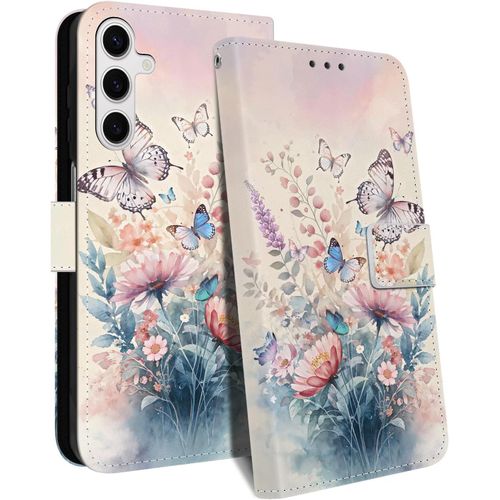 CAUC-Coque pour Samsung Galaxy S24 FE 5G Housse en Cuir PU Premium Etui à Rabat Pochette Portefeuille Porte Carte Flip Case Étui de Protection avec Motif Cover pour Samsung S24 FE, Papillon Coloré