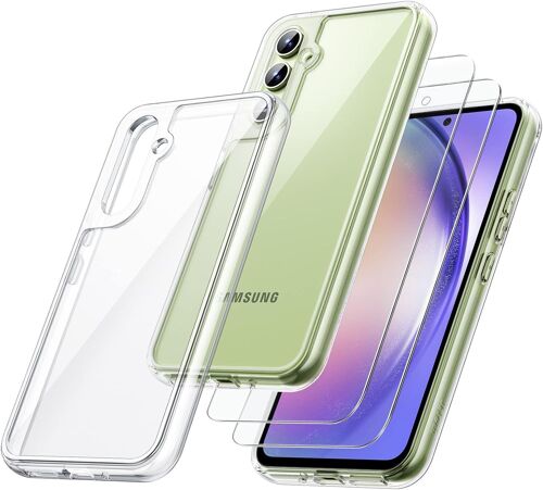 LORANKA-2 en 1 Coque pour Samsung Galaxy A54 5G 6,4 Pouces avec 2 Pièces Verre Trempé, Film en Protection Écran, Housse Étui Arrière Transparente Antichoc (Transparente)