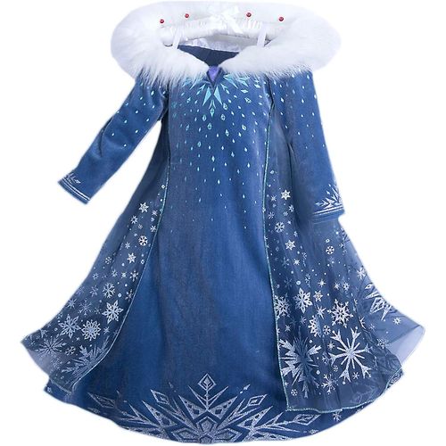 Jfkjg-Filles Cosplay Robe De Princesse Elsa Manches Longues Reine Des Neiges Longue Costume Bleu Chaude Doux Déguisements Partie Cérémonie Halloween Noël, 130, Bleu, 5-6 Ans