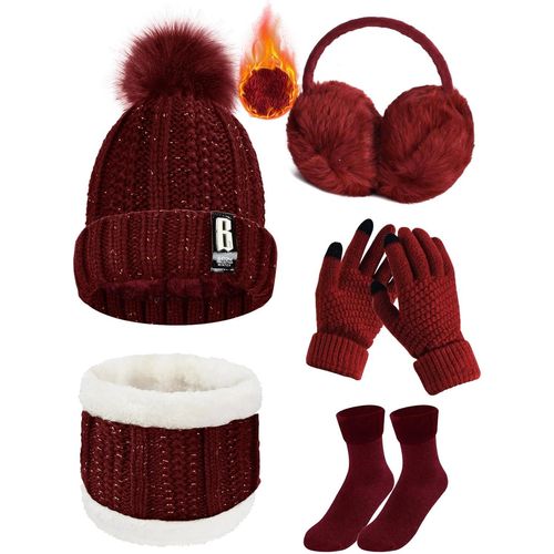 Jfkjg-5 Pièces Ensemble De Ski D¿Hiver De Femme Tricotés Ensemble D'hiver Bonnet Chaude Écharpe Gants En Tricot Cache-Oreilles Chaussettes Chapeau Pompon