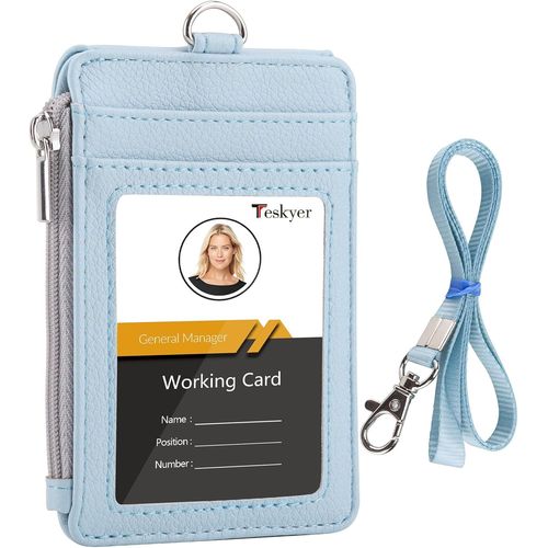 NSIECD-Porte Badge tour de Cou, Portefeuilles de Carte de Crédit Minces, Porte Carte avec Poche à Glissière, 1 Fenêtre d`Identification, peut Contenir Jusqu`à 4 Cartes, Cuir PU, Bleu Glacier