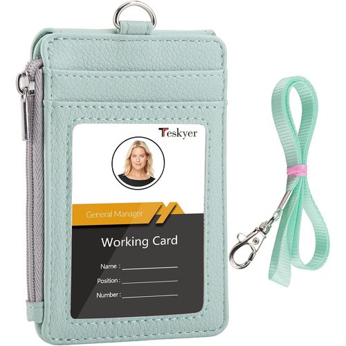NSIECD-Porte Badge tour de Cou, Portefeuilles de Carte de Crédit Minces, Porte Carte avec Poche à Glissière, 1 Fenêtre d`Identification, peut Contenir Jusqu`à 4 Cartes, Cuir PU, Vert Aqua