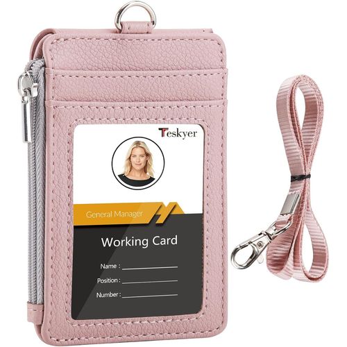 NSIECD-Porte Badge Tour de Cou, Portefeuilles de Carte de Crédit Minces, Porte Carte avec Poche à Glissière, 1 Fenêtre d`Identification, Peut Contenir Jusqu`à 4 Cartes, Cuir PU, Or Rose