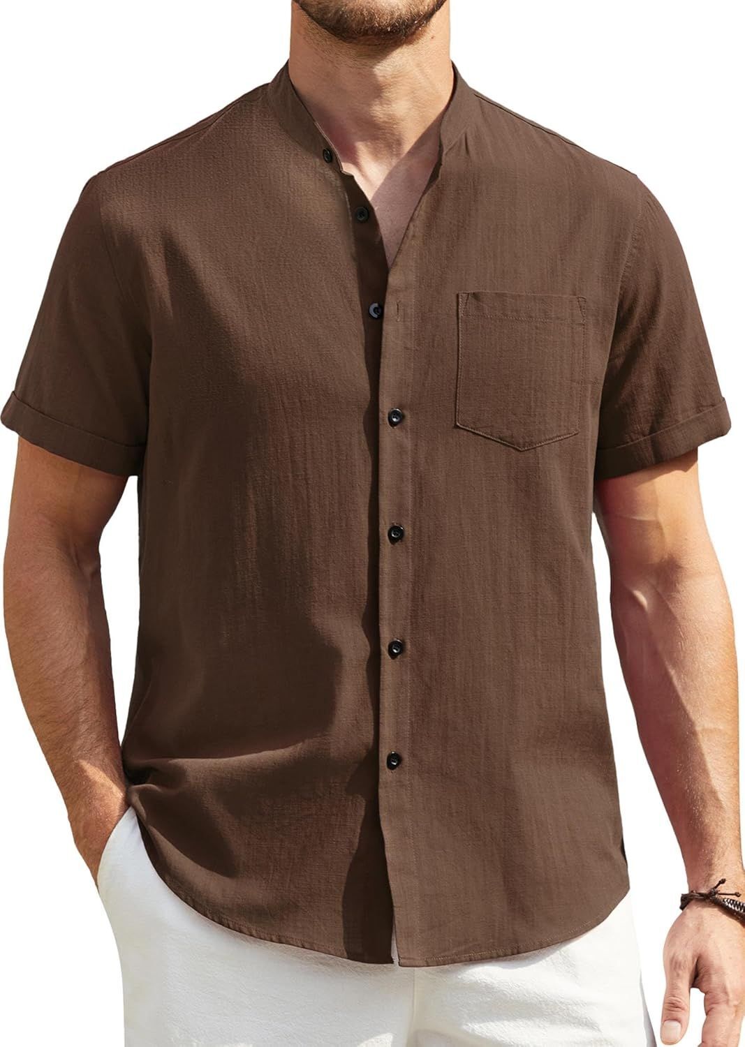 T-shirt Homme Décontracté été - Manches Courtes, Coton/lin, Col Montant Boutonné - Uni, Coupe Standard