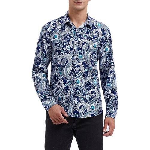 Jfkjg-Hommes Floral Paisley Satin Chemise A Manches Longues Decontracte Mode Formelle Chemises Habillees Boutons En Soie Coupe Reguliere Ceremonie De Fete De Mariage