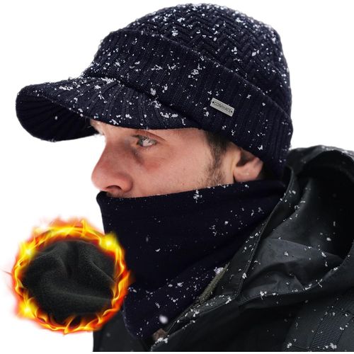 Sept-M/L/Xl Ensemble D'hiver Pour Homme En Laine Mérinos Avec Visière Et Écharpe Tube De Ski, Bonnet En Laine Avec Visière Et Cache-Cou En Polaire