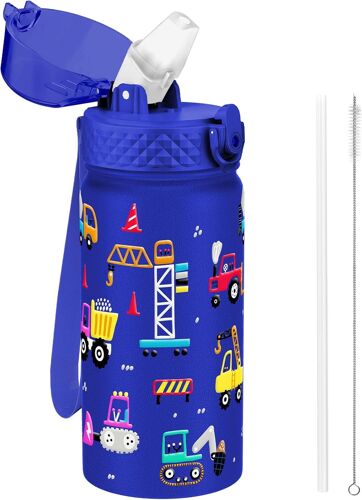 Goppus 420ml/14oz Gourde Isotherme Pour Enfants Avec Paille À Double Paroi En Acier Inoxydable Petit Flacon Isolé Sous Vide Métal Anti-Fuite Pour Boisson Flacon Pour Tout-Petits Thermos Sans Bpa
