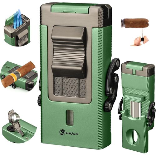 JFKJG-Allume-Cigare, Briquet Torche intégré, Porte-Cigare intégré, rehausseur de tirage de cigares, perforatrice à cigares, Briquet Butane avec Coupe-Cigare Pliable en Forme de V (Verte)