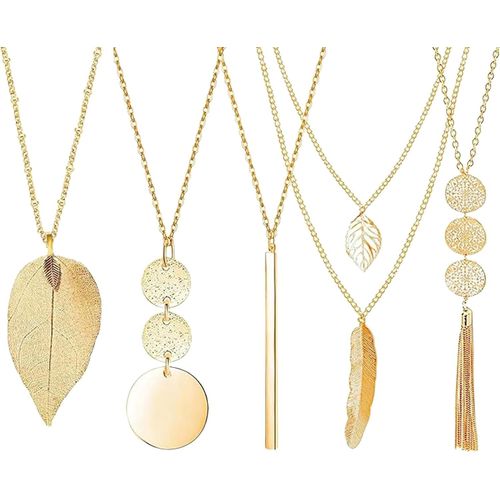 5 Pièces Collier Long, Collier Long Femme Bohème Sautoir Femme Mode, Sautoir Simple Pendentif Long Barre Plumes Cercle Feuille Serrure Pompon Pour Tenue Quotidienne Dîner Anniversa[Col9220004]