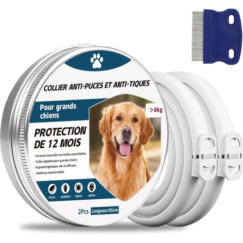 Jfkjg-2 Pcs Collier Anti Puces Pour Chien, 65cm Réglable Collier Anti-Puces Et Tiques Pour Chiens Et Imperméable, 8 Mois Protéger (Gros Chien)