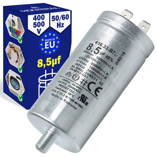 Condensateur Demarrage 8,5µf pour Seche Linge 400V - 500V 50/60Hz -25 à +70°C avec le Code C00258619 pour Indesit 482000023051 pour Whirlpool - MADE IN EU