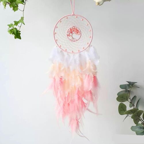 Pierres De Cristal Tree Of Life Arbre De Vie Attrape-Rêves Plumes Roses Blanches Avec Perles Pour Anniversaire De Femmes Filles Décoration Chambre Enfants Bébé,Ornement Mural,Cadeau Mariage