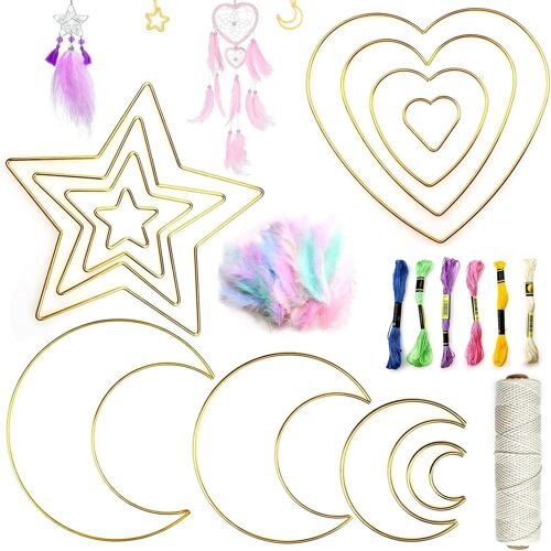 Kit Attrape Rêve Bricolage,avec Cercle Attrape Reve Metal,Corde Macramé,Fil Tressé Colorée et Plumes,pour DIY Artisanat,Tricot,Murale Décoration