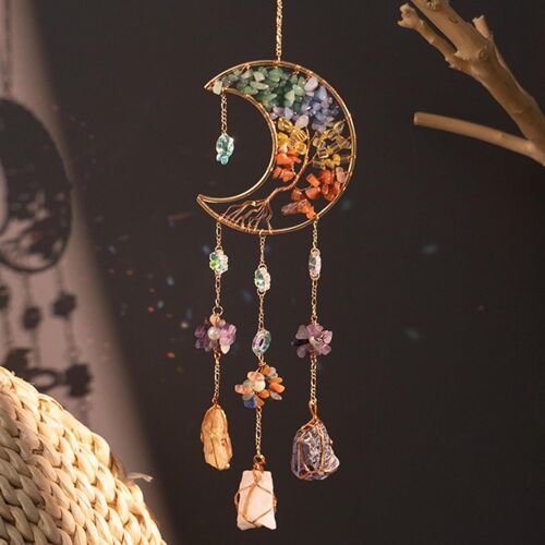 Attrape-rêves arbre de vie en cristaux de lune,agate naturelle à suspendre pour fenêtres,jardin,décoration d'intérieur (arbre de vie lunaire coloré)