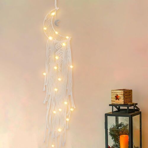 Attrape Rêve,Attrape-rêves avec lumière LED,Attrape Reve Lune,Capteur de Rêves Tapisseries Tissées en Coton,Style bohème,Décoration d'intérieur pour Aïd Mubarak,Beige (A)
