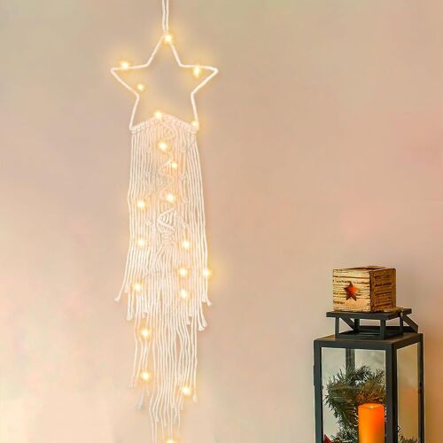 Attrape Rêve,Attrape-rêves avec lumière LED,Attrape Reve Lune,Capteur de Rêves Tapisseries Tissées en Coton,Style bohème,Décoration d'intérieur pour Aïd Mubarak,Beige (B)