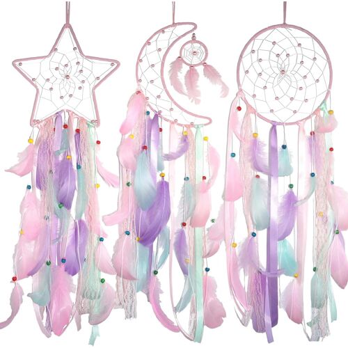 Lot de 3 attrape-rêves roses,étoiles,lunes,soleil-Décoration murale à suspendre pour chambre de fille,chambre de fille,décoration murale bohème pour chambre de fille,chambre d'adolescente
