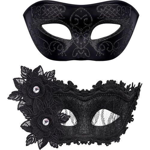 2 Pièces Masque Vénitien Couple Masque De Mascarade Bal Masqué Vénitien Masque Pour Les Yeux Pour Halloween Mascarade Carnaval Femme Homme,Noir