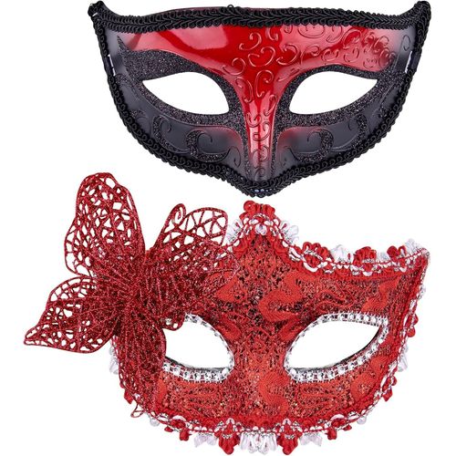 2 Pièces Masque Vénitien Couple Masque Mascarade Femme Noir Dentelle Masque Vénitien Pour Femme Homme Mascarade Fête,Rouge