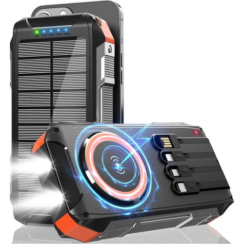 26800mah Magnétique Batterie Externe Solaire Sans Fil Avec 4 Câbles Intégrés,Charge Rapide Chargeur Externe Usb C 30w 7 Sorties,Avec Sos Lampe Torche Pour Téléphones,Tablettes,Camping