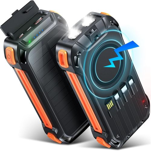 26800mah Batterie Externe Solaire Sans Fil Avec 4 Câbles Intégrés,Charge Rapide 7 Sorties Chargeur Portable Usb C 30w Avec Lampe Sos,Pour Téléphones Tablettes Camping (Orange)