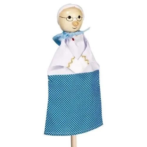 Marionnette en bois et tissu pour enfant - Grand-mère - Bleu - A partir de 3 ans