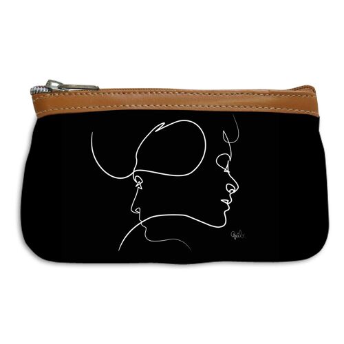 Pochette trousse artisanale 'Quibe' noir marron (Presque - visages) - 17x12 cm