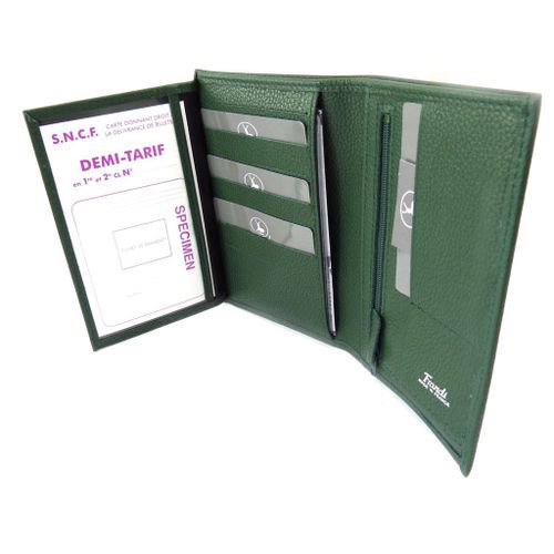 Portefeuille Cuir 'Frandi' vert grainé (cartes +)