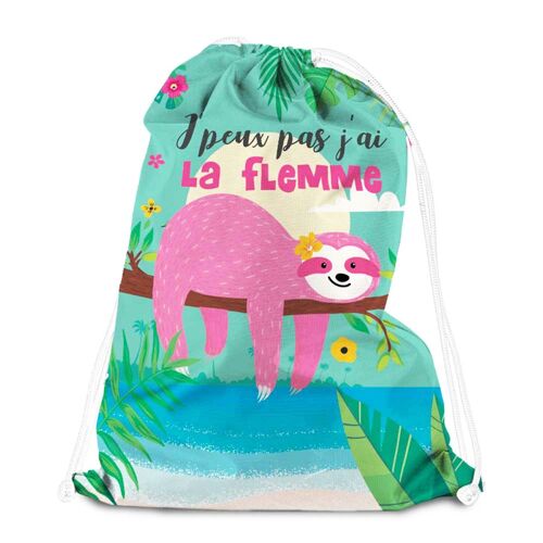 PROMOTION ! Sac de détente 'Paresseux' vert rose (J'peux pas, j'ai la flemme) - 38x34 cm