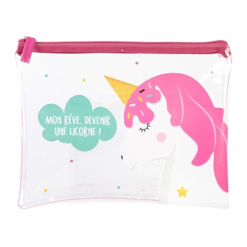 PROMOTION ! Pochette plate transparente 'Licorne My Unicorn' rose (Mon rêve devenir une licorne ! ) ) - 25x19 cm