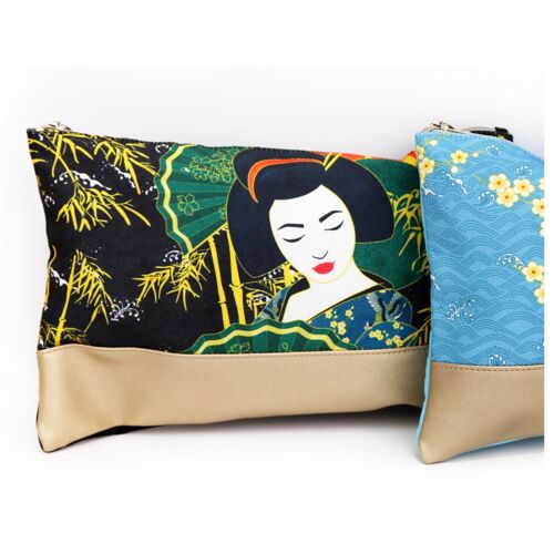 PROMOTION ! Trousse à maquillage coton 'Geisha' noir vert - 22x17 cm
