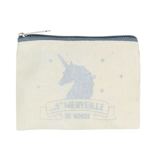 Porte-monnaie coton plat 'Licorne My Unicorn' beige argenté (8ème merveille du monde) - 12. 5x11 cm
