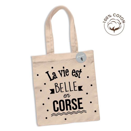 PROMOTION ! Sac coton / tote bag 'Corsica' noir beige (La vie est belle en Corse) - 63x36. 5 cm