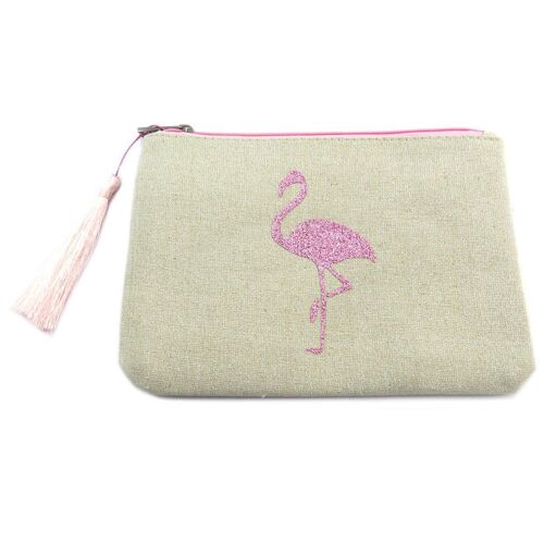 PROMOTION ! Trousse plate paillettée 'Flamant Rose' beige rose - 21. 5x15 cm