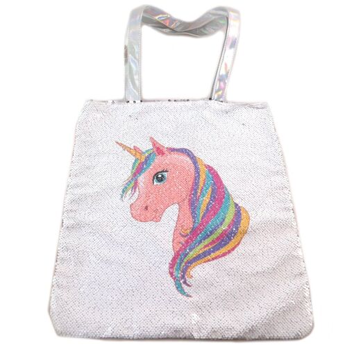 Sac shopping / Tote bag créateur 'Licorne My Unicorn' blanc rose (sequins) - 43x40 cm