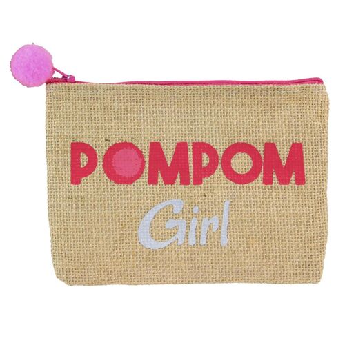 PROMOTION ! Trousse plate jute 'Pompom Girl' rose beige - 19x13 cm