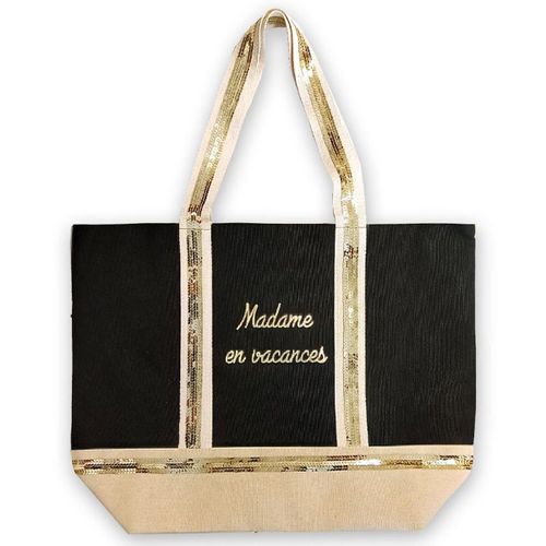 PROMOTION ! Sac cabas toile sequins 'Madame en vacances' noir beige - 52x38 cm