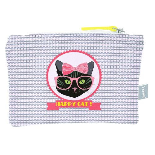 PROMOTION ! Trousse plate coton 'Happy Cat' (lunettes) - 20x15 cm