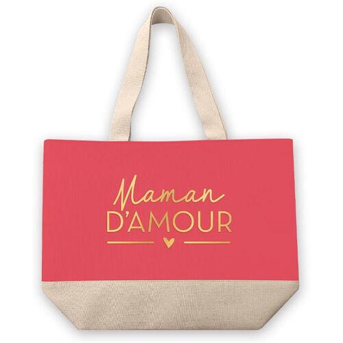 PROMOTION ! Sac cabas toile 'Maman d'Amour' rose corail beige - 52x38 cm