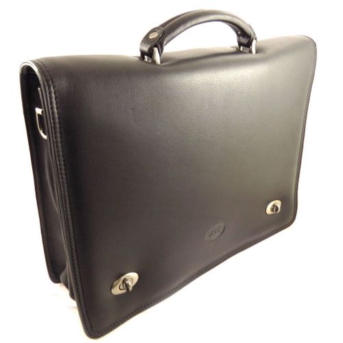 PROMOTION ! Serviette cuir 'Lafayette' noir (2 soufflets) - 38x28x8 cm