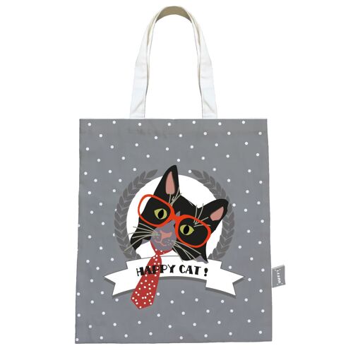 PROMOTION ! Sac coton / tote bag 'Happy Cat' gris (cravate) - 44x38 cm
