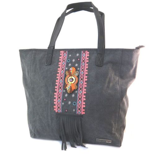 Sac créateur 'Les Tropéziennes' noir multicolore ethnique - 47x35x14 cm