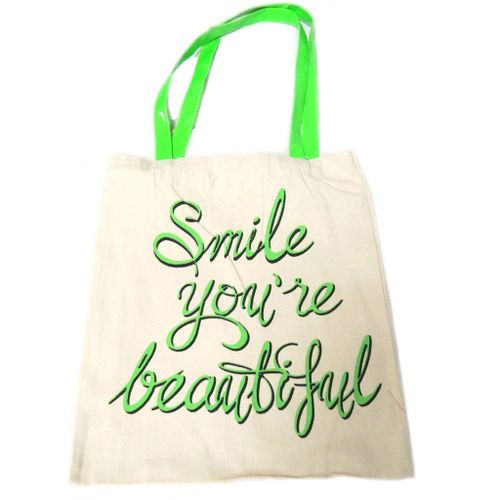 Sac coton / Tote bag 'Messages' beige vert (Smile you're beautiful) - 42x36. 5 cm
